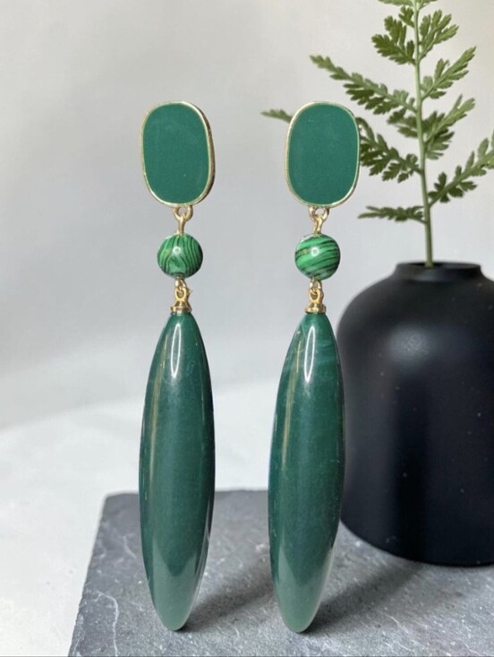 LeChic Jewelry Jewelry - Gold Plated Oversized Long Malachite & Lucite Drop Dangle Earrings